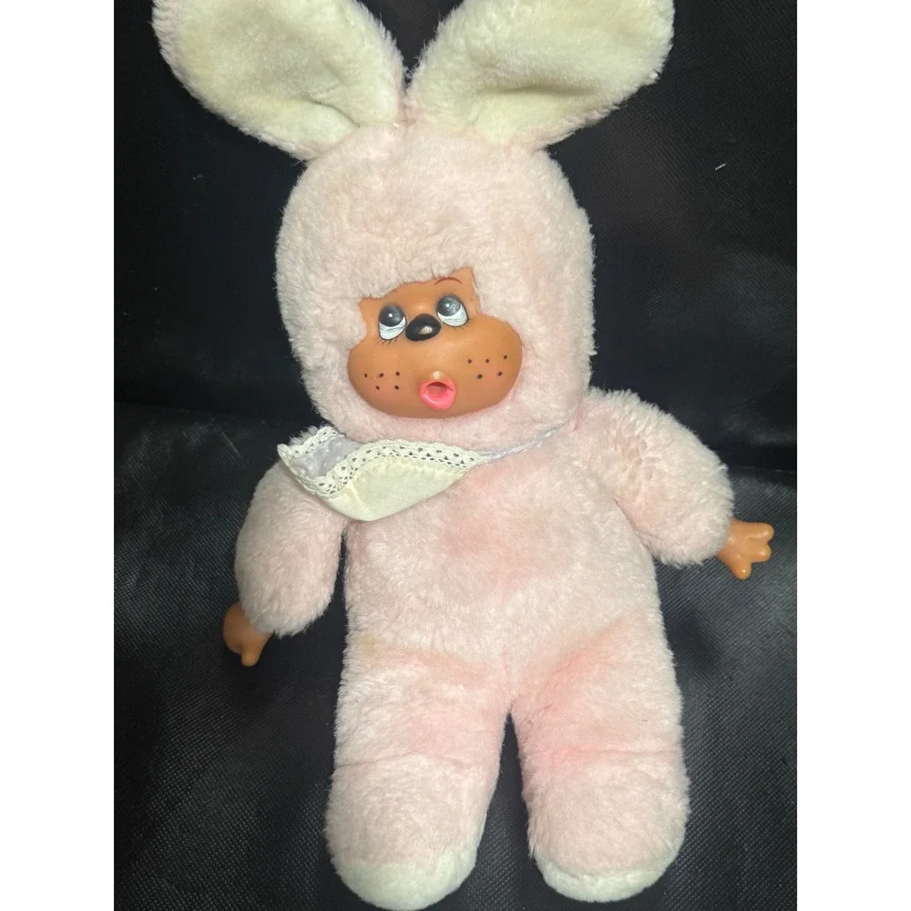 Vintage Sekiguchi Monchhichi Style Pink Bunny Plush Thumb Sucker Doll Retro 80s